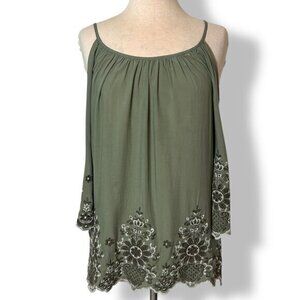 Karen Kane Olive Green Cold Shoulder Embroidered Top 3/4 sleeves Sz XS